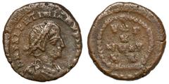 Ancient coins Valentinian II (375-392 AD) AE12Obverse: D N VALENTINIANVS P F AVGDiademed, cuirassed and draped bust right.Reverse: VOT / X / MVLT / XXLaureal wreath.Bronze, diameter 12 mm, weight 1,21
