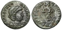 Ancient coins Theodora (337-340 AD) Follis, TrierAwers: Popiersie cesarzowej w diademie i draperii, w prawo, w otoku legenda FL MAX THEODORAE AVGRewers: Pietas stojąca z dzieckiem, w odcinku TRS, w ot