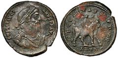Ancient coins Julian II Apostata (360-363 AD) Double maiorina, AntiochAwers: Popiersie cesarza w diademie, zbroi i paludamentum w prawo.Rewers: Byk stojący w prawo, ponad nim dwie gwiazdy.Brąz, średni