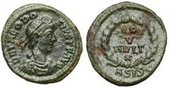 Ancient coins Theodosius I (379-395 AD) Follis, SisciaAwers: Popiersie cesarza w diademie, zbroi i paludamentum, w otoku legenda D N THEODOSIVS P F AVGRewers: Wieniec laurowy, a w nim VOT / V / MVLT /
