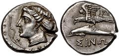 Ancient coins Greece, Paphlagonia, Sinope, Drachm (360-320 BC)Magistrate Ikesio.Obersev: Head of Nymph left, with hair in sakkos, before her to left, aplustre.Reverse: ΔΙΟΝΥΣI / IKE.Sea eagle on dolph