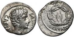 Ancient coins Octavian Augustus (27 BC-14 AD) Denarius, Colonia Patricia (?) - rareObverse: AVGVSTVS CAESAR Bare head right.Reverse: OB CIVIS / SERVATOSOak wreath (Corona Civica) with ties drawn upwar