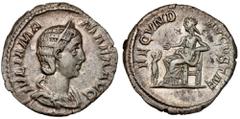 Ancient coins Julia Mamaea (222-235 AD) DenarObverse: IVLIA MAMAEA AVGDiademed and draped bust right.Reverse: FECVND AVGVSTAEFecunditas seated left, raising hand and resting arm on seat, child to left