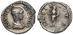 Ancient coins Plautilla (202-205 n.e.) DenarAwers: Popiersie cesarzowej w draperii, w prawo, w otoku legenda PLAVTILLA AVGVSTARewers: Pietas stojąca w prawo, trzymająca berło i niemowlę, w otoku legen