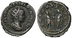 Ancient coins Saloninus (258-260 n.e.) Antoninian, SamosataAwers: Popiersie cesarza w koronie promienistej, zbroi i paludamentum, w otoku legenda SALON VALERIANVS NOB CAESRewers: Cesarz otrzymujący kw