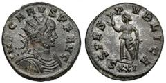 Ancient coins Karus (282-283 n.e.) Antoninian, Ticinum - rzadkiPozostałości srebrzenia na rewersie. Awers: Popiersie cesarza w koronie promienistej, zbroi i paludamentum w prawo, w otoku legenda IMP C