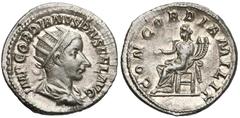ANCIENT COINS Roman Empire, Gordian III (241-243) Antoninian - Concordia Roman Empire, Gordian III (241-243) Antoninian - Concordia, Piękny połysk w tle.Awers: popiersie w corona radiata, w prawoIMP G