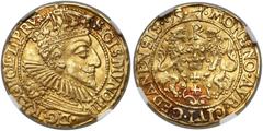COINS POLAND Zygmunt III Waza, Dukat Gdańsk 1595 Dukat miejski Zygmunta III wybity w mennicy gdańskiej pod kierownictwem Filipa Klüwera (z jego monogramem nad tarczą).Odmiana z legendą awersu zakończo