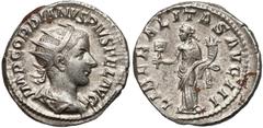 ANCIENT COINS Gordian III, Antoninian Rzym - Liberalitas Awers: popiersie cesarza w zbroi, paludamentum i koronie promienistej w prawo, w otoku legendaIMP GORDIANVS PIVS FEL AVG.Rewers: Liberalitas st