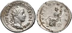 ANCIENT COINS Gordian III, Antoninian Rzym - Fortuna Awers: popiersie cesarza w zbroi, paludamentum i koronie promienistej w prawo, w otoku legendaIMP GORDIANVS PIVS FEL AVG.Rewers: Fortuna siedząca n
