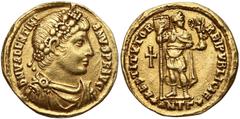 ANCIENT COINS ROMAN EMPIRE Walentynian I, Solidus Antiochia (364-375) Awers: popiersie w diademie, w prawo. W otoku: DN VALENTINIANVS PF AVG.Rewers: cesarz ze sztandarem i Wiktorią na globie, stojący 
