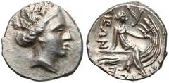 Ancient coins Euboia, Histiaia, AR Tetrobol (befor 146 BC). Eubea, Histiaia, Tetrobol Obverse: Head of nymph Histiaia to right.Reverse: ΙΣΤΙ, nymph seated right on stern of galley, letters TI.Silver, 