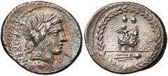 Ancient coins Roman Republic, Mn. Fonteius C.f. (85 BC), AR Denarius. Mn. Fonteius C.f. (85pne), Denar Corrosion. Obverse: MN FONTEI [CF], head of Apollo right, letter R to right.Reverse: Cupid seated