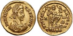 Ancient coins Honorius as Western Roman Emperor (AD 395-423), AV Solidus, Rome mint, circa AD 404-408 Honoriusz (393-423 od 395 cesarz zachodu), Solid - RM Obverse: DN HONORI - VS P F AVG, diademed an