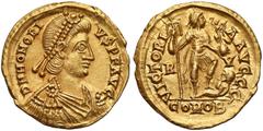 Ancient coins Honorius as Western Roman Emperor (AD 395-423), AV Solidus, Ravenna mint, struck in begin 5th c Honoriusz (393-423 od 395 cesarz zachodu), Solid - RV Obverse: DN HONORI - VS P F AVG, dia
