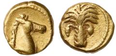 Ancient coins Grecja, Kartagina, Zeugitania, 1/10 statera (310-290pne) Bardzo ładna, drobna, złota moneta słynnej Kartaginy. Awers: palma.Rewers: głowa konia w prawo. Złoto/elektron, średnica 7-7.5 mm