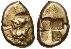Ancient coins Grecja, Myzja, Kyzikos, Hemihekte elektronowe (500-450pne) - wojownik Moneta z krótkiej emisji monet elektronowych z wojownikiem / bohaterem. Rzadka. Złoto/elektron, średnica 7-10 mm, wa