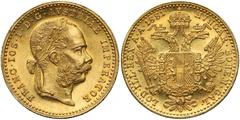 World Gold Coins Austria, Franz Joseph I, Ducat 1881 Austria, Franciszek Józef I, Dukat 1881 Lekko przetarty na awersie (sufrace hairlines on Av.). Złoto, średnica 19.9 mm, waga 3.49 g Reference: Krau