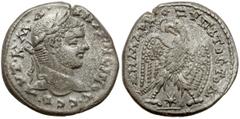 Ancient coins Karakalla (198-217 n.e.) Tetradrachma, AntiochiaAwers: Głowa cesarza w wieńcu laurowym, w prawo, w otoku legenda.Rewers: Orzeł z rozpostartymi skrzydłami, stojący na wprost i patrzący w 