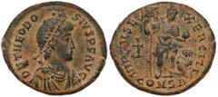 Ancient coins Theodosius I (379-395 n.e.) Follis, ConstantinopleAwers: Popiersie cesarza w diademie, zbroi i paludamentum w prawo, w otoku legenda: DN THEODOSIVS P F AVGRewers: Cesarz stojący prawo, t