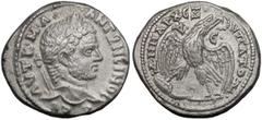 Ancient Coins Karakalla (198-217 n.e.) Tetradrachma, AntiochiaAwers: Głowa cesarza w wieńcu laurowym, w prawo, w otoku legenda AYT K M A ANTΩNEINOC CEBRewers: Orzeł z rozpostartymi skrzydłami, stojący