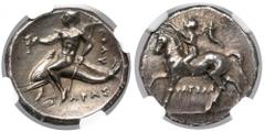 Ancient Coins Greece, Calabria, Tarentum, AR Didrachm (281-240 BC) Greece, Calabria, Tarentum, AR Didrachm (281-240 BC) Obverse: Nude youth on horse right, cornucopiae behind him. Reverse: TAΡAΣ Phala