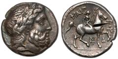 Ancient coins Greece, Macedon, Philip II (357-336 BC) AR Tetradrachm, AmphipolisObverse: Head of Zeus right, wearing laurel wreath.Reverse: ΦIΛIΠ-ΠOY, Nude youth, holding palm frond in right hand and 