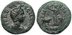 Ancient coins Herennia Etruscilla (249-251 AD) Viminacium, AE SestertiusObverse: HER ETRVSCILLA AVGDiademed and draped bust right. Reverse: AN XII / PMS COL VIMMoesia standing between bull and lion. B