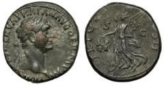Ancient Coins Trajan (98-117 AD) As, RomeObverse: IMP CAES NERVA TRAIAN AVG GERM P MLaureate bust right. Reverse: TR POT COS IIII P P / SP/QRVictory flying left, shield inscribed SP/QR in right hand, 