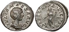 Ancient Coins Julia Maesa (218-224 AD) Denarius, RomeObverse: IVLIA MAESA AVGDraped bust right. Reverse: SAECVLI FELICITAS / *Felicitas standing left, holding patera over altar and caduceus.Silver, di