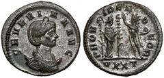 Ancient Coins Severina (270-275 AD) Antoninian, TicinumObverse: SEVERINA AVGDraped bust right. Reverse: PROVIDEN DEOR / V XX T Providentia standing right, holding standards opposite to Sol standing le
