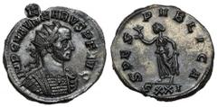 Ancient Coins Carus (282-283 AD) Antoninian, Ticinum - KARVS - rareObverse: IMP C M AVR KARVS PF AVGRadiate and cuirassed bust right. Reverse: IMP C M AVR KARVS PF AVG / XXISpes standing left, holding