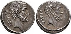 An American Collection M. Junius Brutus, 54 BC. Denarius (Silver, 18 mm, 3.66 g, 6 h), Rome. BRVTVS Bearded head of L. Junius Brutus to right. Rev. AHALA Bearded head of C. Servilius Ahala to right. B