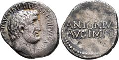 An American Collection Mark Antony, 44-30 BC. Denarius (Silver, 19 mm, 3.70 g, 6 h), military mint moving with Antony, probably Athens, 32 BC. ANTON AVG IMP III COS DES III V R P C Bare head of Mark A