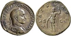 A collection from the Rhineland Gordian II, 238. Sestertius (Orichalcum, 30 mm, 18.81 g, 12 h), Rome, March-April 238. IMP CAES M ANT GORDIANVS AFR AVG Laureate, draped and cuirassed bust of Gordian I