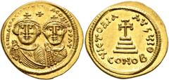 The Nea Rhomē Collection Heraclius, with Heraclius Constantine, 610-641. Solidus (Gold, 20 mm, 4.45 g, 6 h), Constantinopolis, circa 625-629. dd NN hERACLIЧS ET hERA CONST P P AV Crowned, draped and s
