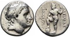 Greek KINGS OF MACEDON. Demetrios I Poliorketes, 306-283 BC. Drachm (Silver, 18 mm, 4.06 g, 12 h), Sikyon, 290-289 BC. Diademed and horned head of Demetrios I to right. Rev. BAΣIΛEΩΣ - ΔHMHTPIOY Posei