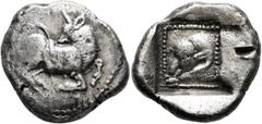 Greek DYNASTS OF LYCIA. Uncertain dynast, circa 480-460 BC. Stater (Silver, 22 mm, 9.17 g, 12 h). Bull kneeling to right, head turned to left. Rev. Head of a ram to left within dotted square within in