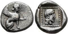 Greek DYNASTS OF LYCIA. Uvug, circa 470-440 BC. Trihemiobol (Silver, 9 mm, 1.00 g, 6 h). Sphinx seated right, raising its forepaw. Rev. 𐊒𐊇𐊒𐊄 ('uwug' in Lycian) Head of Apollo to right within dotte