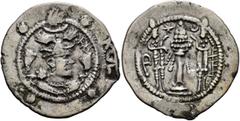 Central Asian HUNNIC TRIBES, Hephthalites. 6th century. Drachm (Silver, 28 mm, 3.47 g, 3 h), imitating a drachm of the Sasanian King Peroz I (457/9-484) from Balkh. Draped bust of Peroz I to right, we