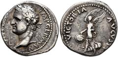 Roman Imperial Vitellius, 69. Denarius (Silver, 18 mm, 3.42 g, 7 h), uncertain mint in Spain (Tarraco?). A VITELLIVS IMP GERMAN Laureate head of Vitellius to left, small globe at point of bust; to lef