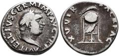 Roman Imperial Vitellius, 69. Denarius (Silver, 17 mm, 3.10 g, 6 h), Rome, late April-20 December 69. A VITELLIVS GERM IMP AVG TR P Laureate head of Vitellius to right. Rev. XV VIR SACR FAC Tripod wit