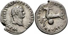 Roman Imperial Titus, 79-81. Denarius (Silver, 18 mm, 3.00 g, 4 h), Rome, 79. IMP TITVS CAES VESPASIAN AVG P M Laureate head of Titus to right. Rev. TR P VIIII IMP XV COS VII P P Capricorn to left abo