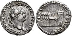 Roman Imperial Titus, 79-81. Denarius (Silver, 18 mm, 3.19 g, 6 h), Rome, 79. IMP TITVS CAES VESPASIAN AVG P M Laureate head of Titus to right. Rev. TR P VIIII IMP XIIII COS VII P P Quadriga to left, 