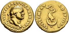 Roman Imperial Titus, 79-81. Aureus (Gold, 18 mm, 7.00 g, 6 h), Rome, 80. IMP TITVS CAES VESPASIAN AVG P M Laureate head of Titus to right. Rev. TR P IX IMP XV COS VIII P P Dolphin coiled around ancho