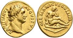 Roman Imperial Domitian, 81-96. Aureus (Gold, 19 mm, 7.51 g, 7 h), Rome, 88. DOMITIANVS AVGVSTVS Laureate head of Domitian to right. Rev. GERMANICVS COS XIIII Germania, bare-chested and draped from th