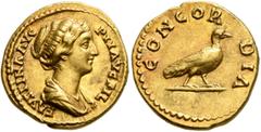 Roman Imperial Faustina Junior, Augusta, 147-175. Aureus (Gold, 19 mm, 7.25 g, 6 h), Rome, circa 152-153. FAVSTINA AVG PII AVG FIL Draped bust of Faustina Junior to right. Rev. CONCORDIA Dove, wings c
