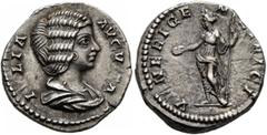 Roman Imperial Julia Domna, Augusta, 193-217. Denarius (Silver, 17 mm, 3.63 g, 11 h), Rome, 198-202. IVLIA AVGVSTA Draped bust of Julia Domna to right. Rev. VENERI GENETRICI Venus standing front, head