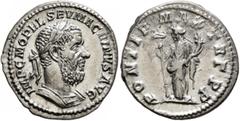 Roman Imperial Macrinus, 217-218. Denarius (Silver, 19 mm, 3.31 g, 6 h), Rome, summer 217-early 218. IMP C M OPEL SEV MACRINVS AVG Laureate and cuirassed bust of Macrinus to right. Rev. PONTIF MAX TR 
