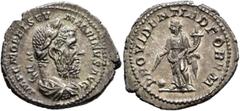 Roman Imperial Macrinus, 217-218. Denarius (Silver, 20 mm, 2.82 g, 12 h), Rome, March-June 218. IMP C M OPEL SEV MACRINVS AVG Laureate, draped and cuirassed bust of Macrinus to right, seen from behind